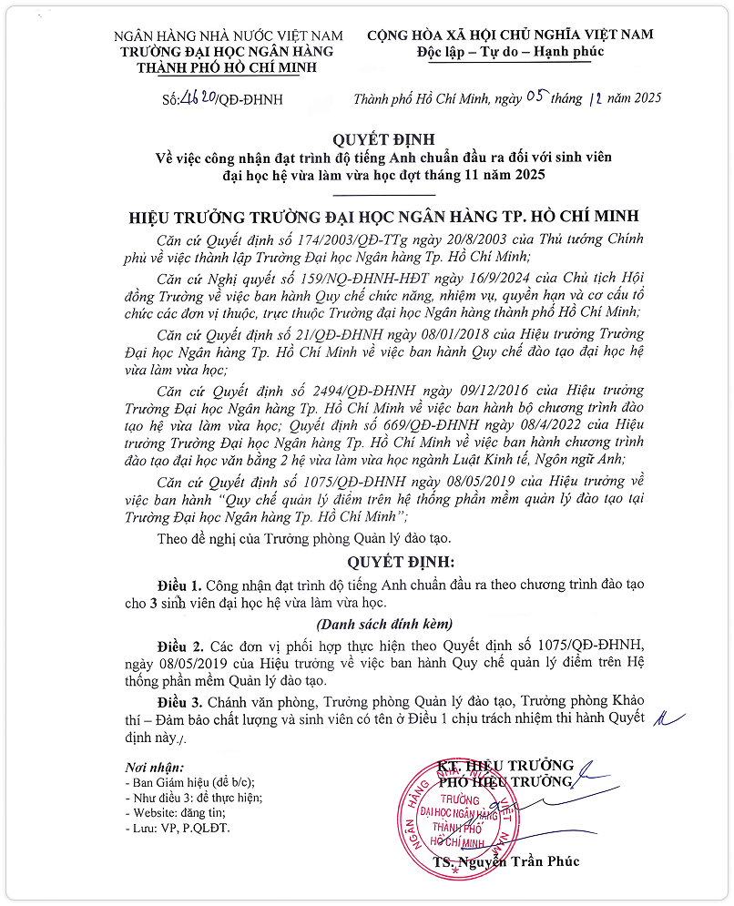 Quyết định công nhận đạt trình độ tiếng Anh